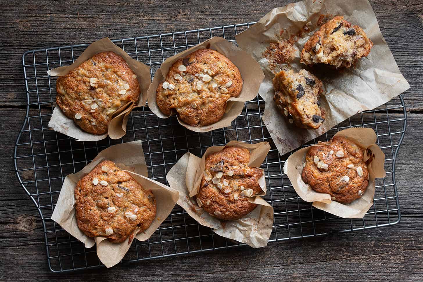 banana chocolate chunk muffins on cooling rack