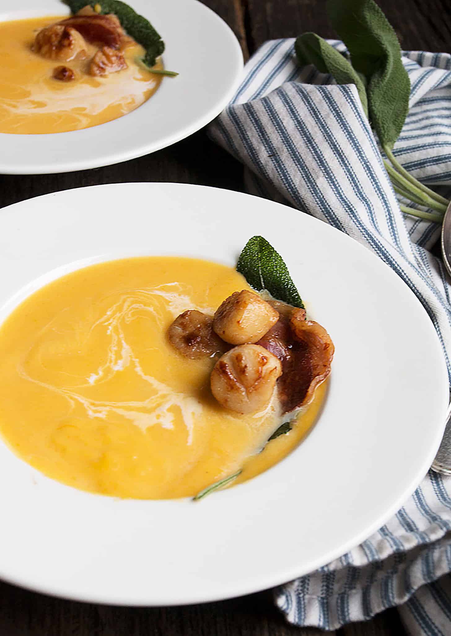 butternut squash soup with scallops and pancetta