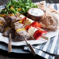 Pork Souvlaki with Halloumi and Peppers