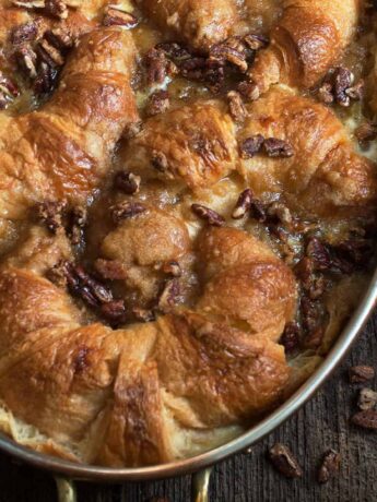 butter pecan croissant bread pudding in baking pan