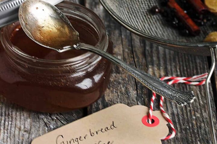 homemade gingerbread coffee syrup in small jar