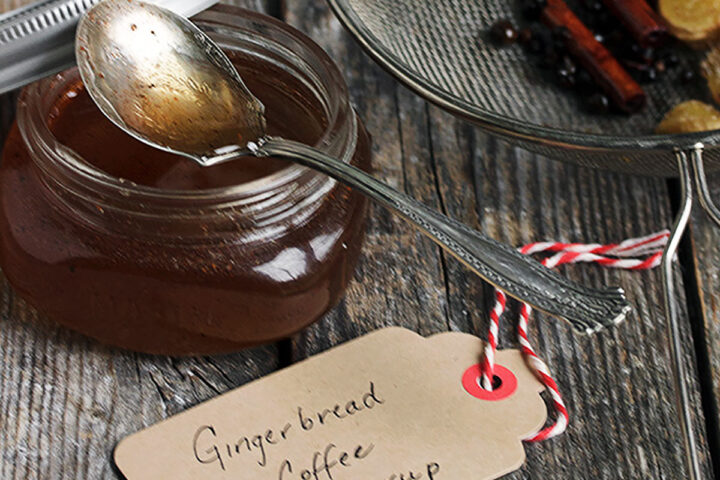 gingerbread syrup in jar with tag