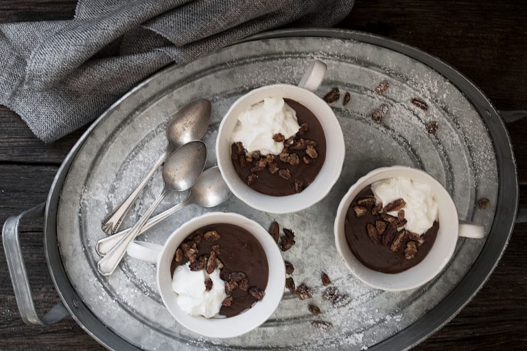 Hot Chocolate Pudding with Candied Pecans