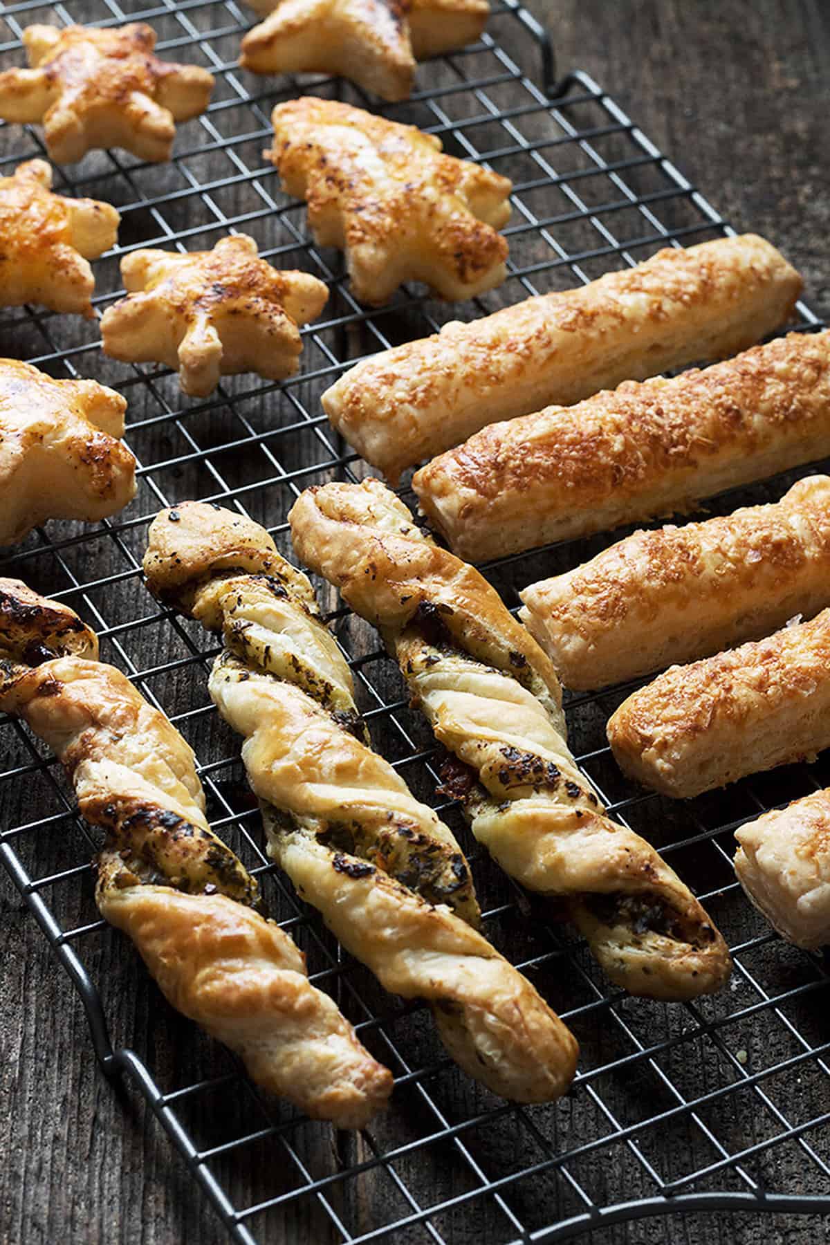 puff pastry appetizers on cooling rack