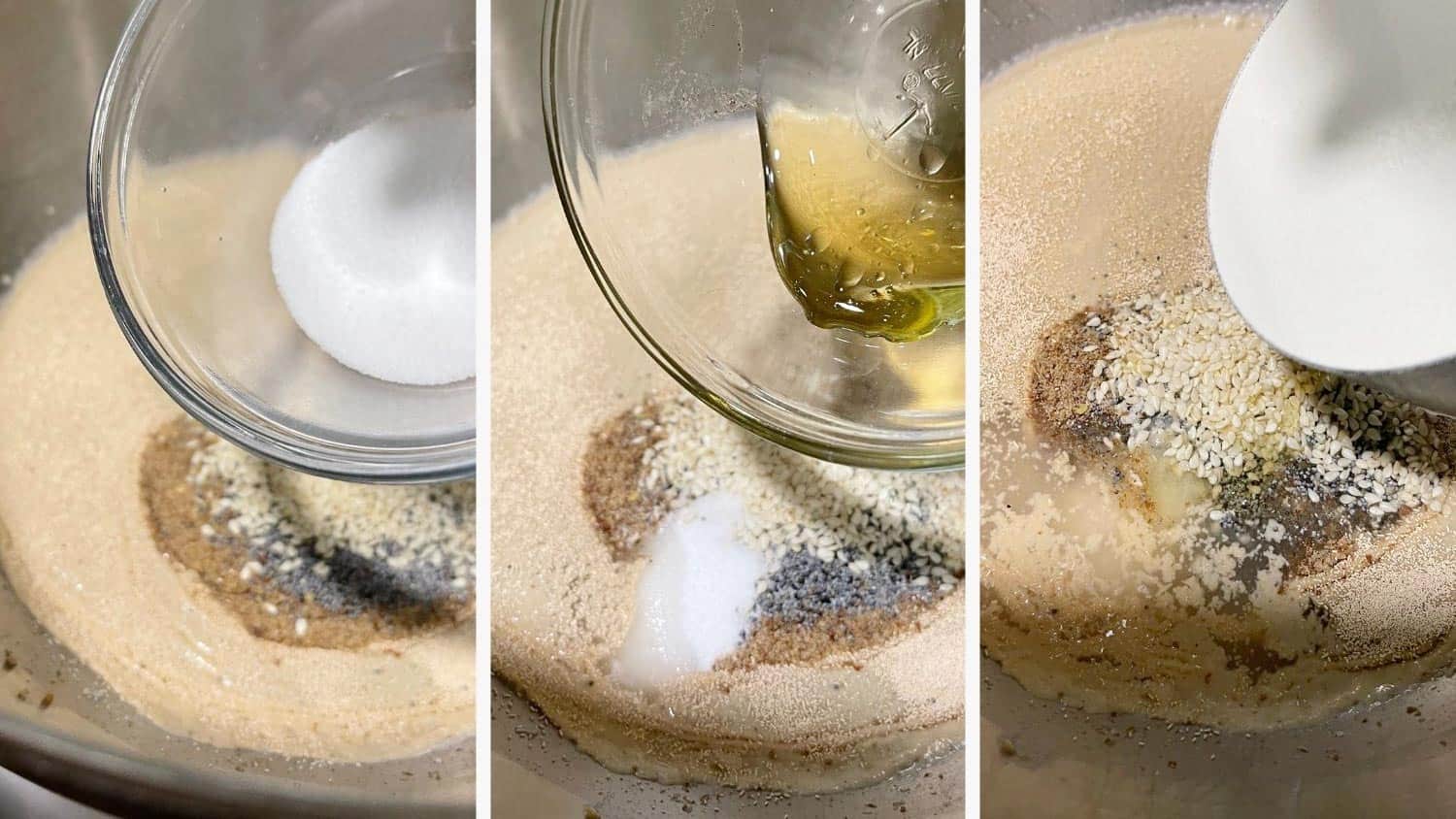 Adding the salt, honey and seeds to the dough.