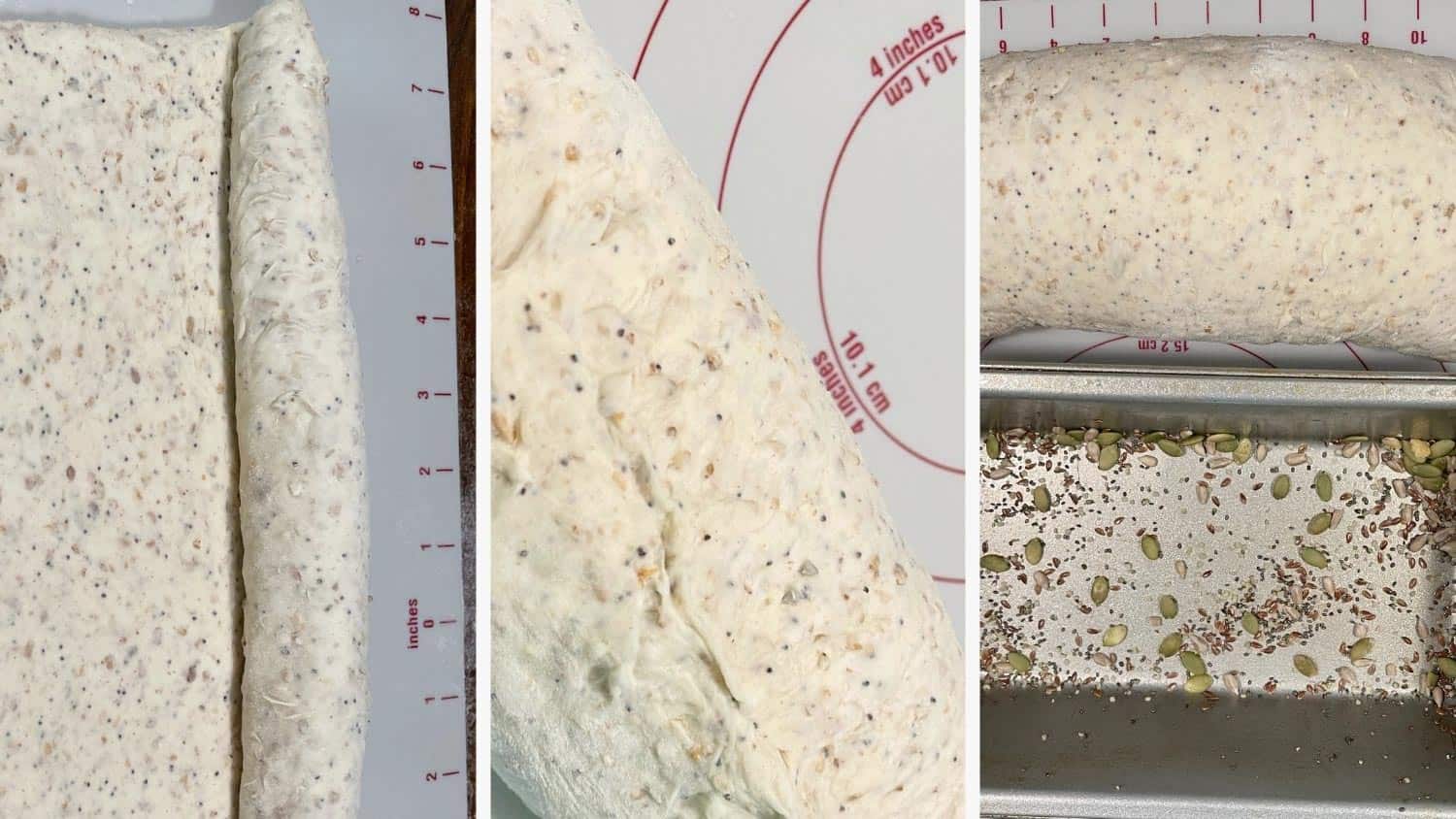Rolling dough into a rectangle, then rolling up and preparing the loaf pan.