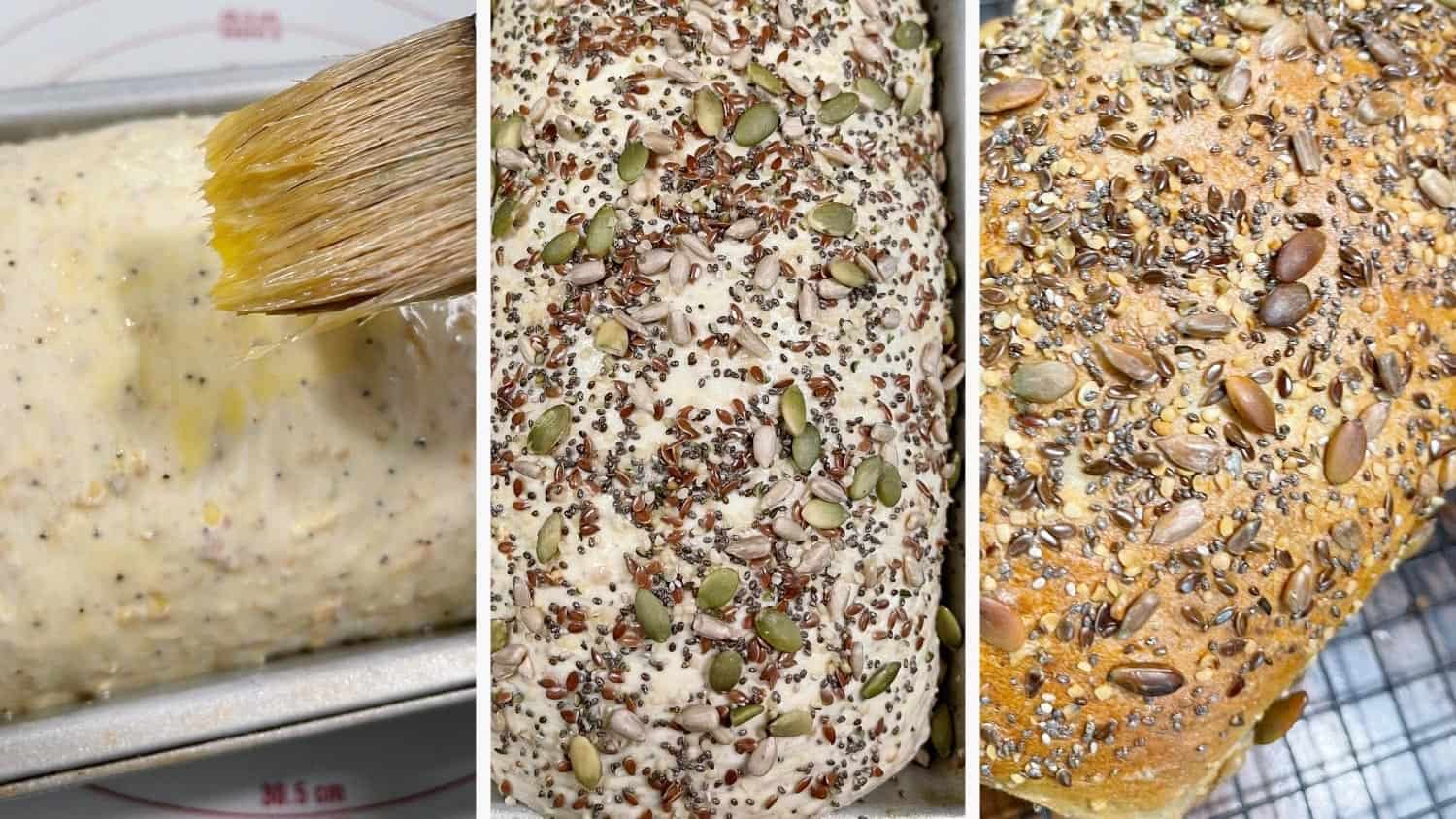 Brushing egg wash on dough and topping with seed mix.