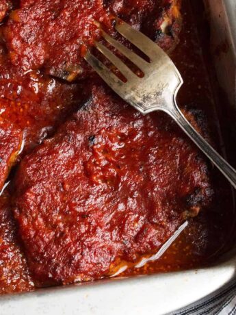 St. Louis style BBQ pork chops in baking pan