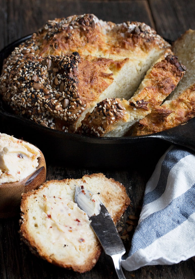 Seeded Asiago Rosemary Soda Bread with Chili Butter