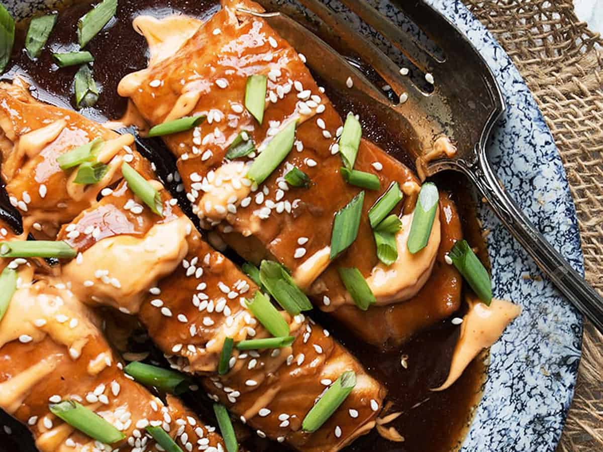 instant pot teriyaki salmon with chipotle mayo on platter