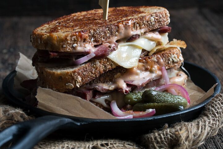 reuben sandwich on skillet