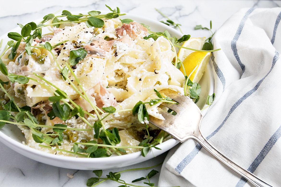 Lemon Ricotta Pasta with Prosciutto and Pea Shoots