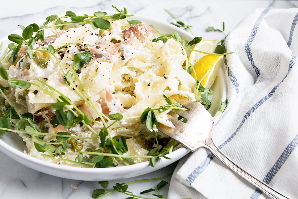 Lemon Ricotta Pasta with Prosciutto and Pea Shoots