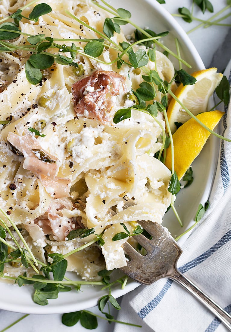 Lemon Ricotta Pasta with Prosciutto and Pea Shoots