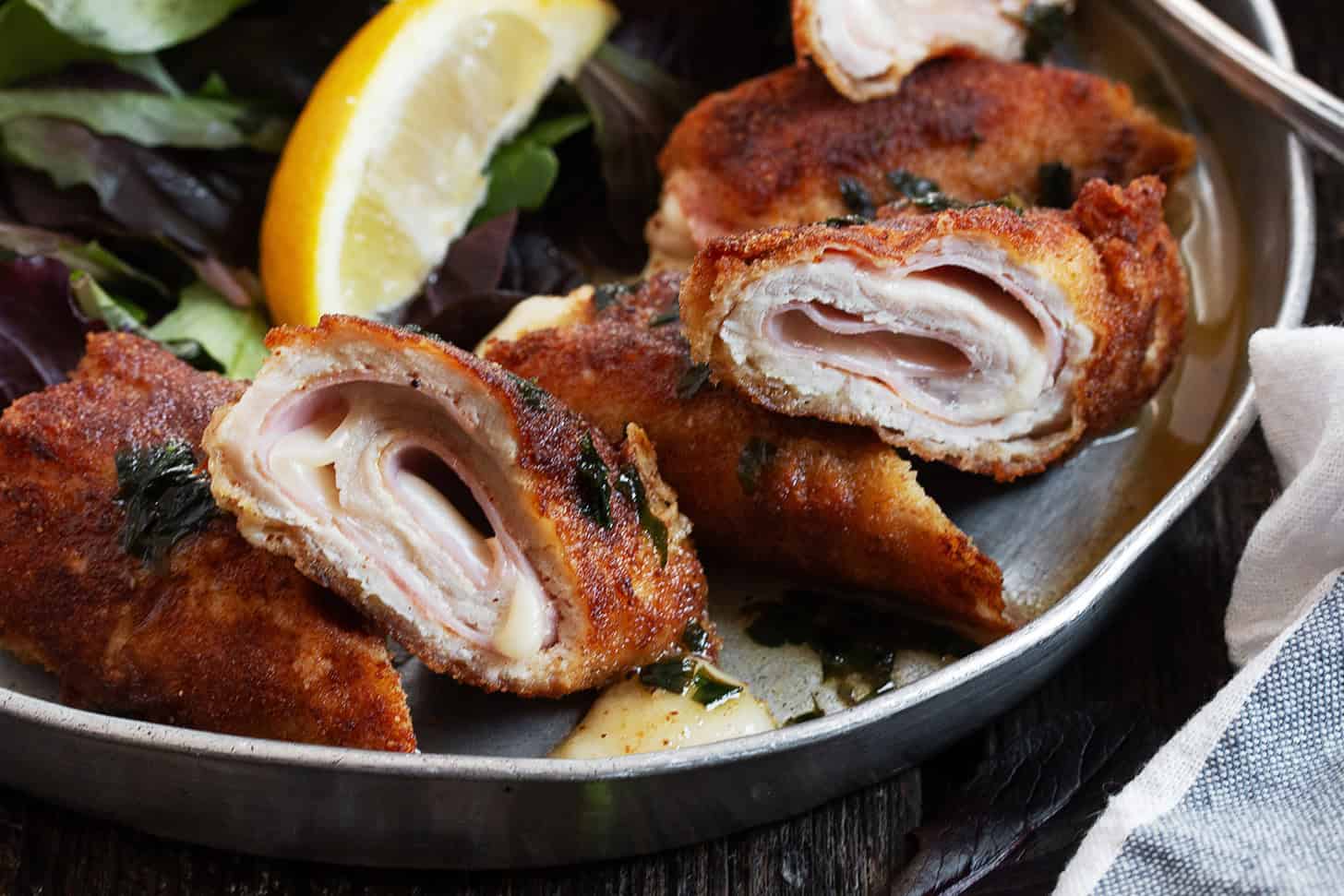 Pork cordon bleu on a serving platter.