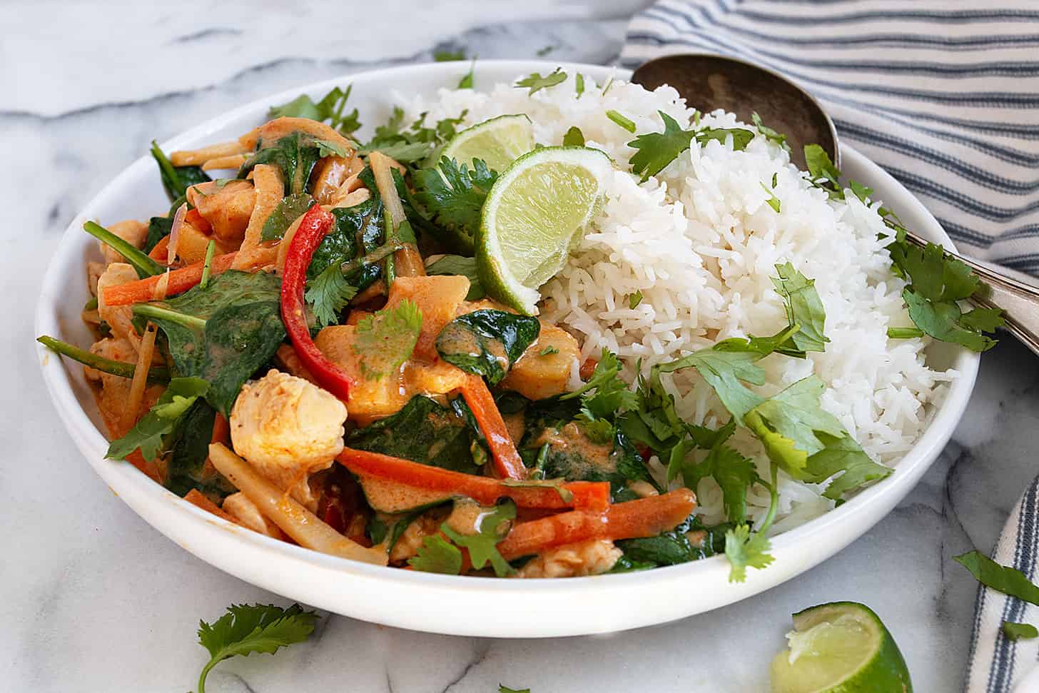 Thai red curry chicken in bowl with rice