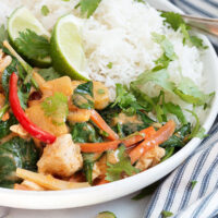 Thai red curry chicken in white bowl
