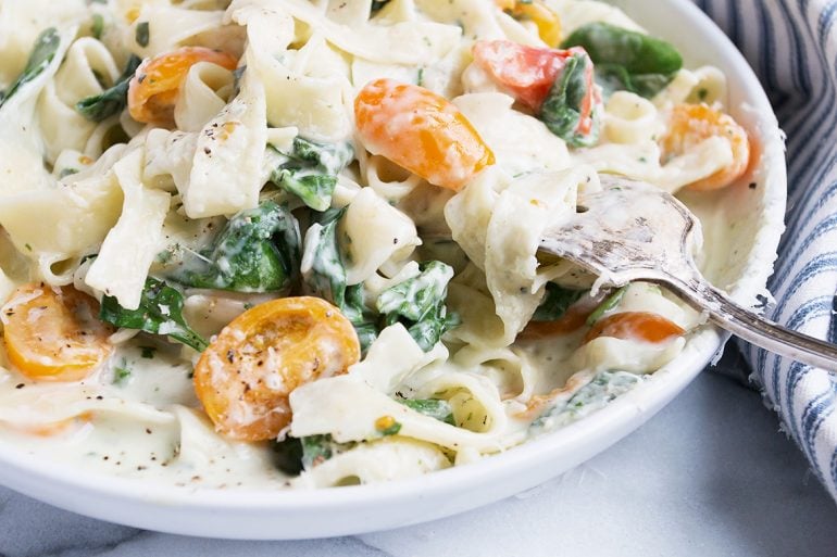 Creamy Goat Cheese Pasta with Spinach and Tomatoes Seasons and Suppers