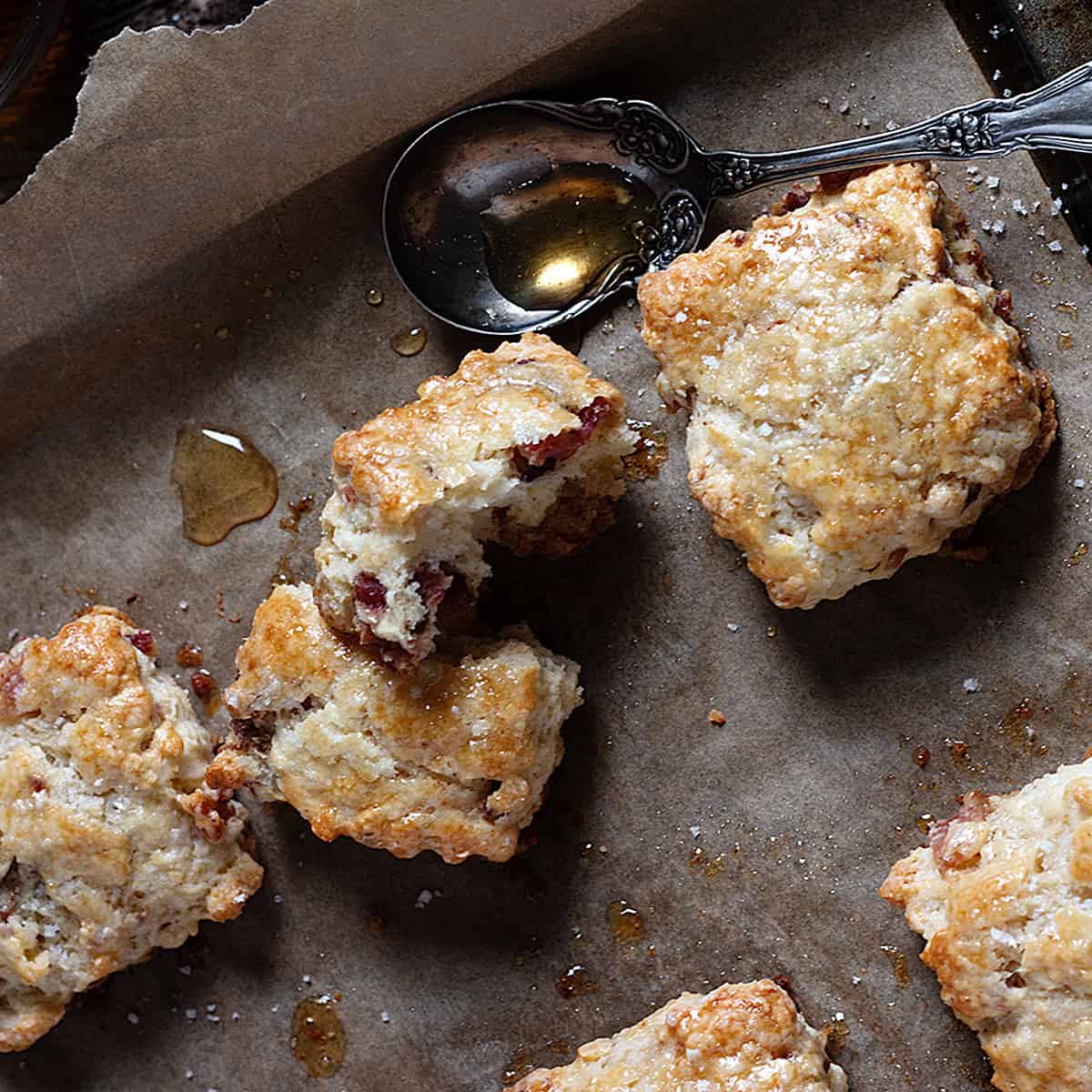 maple bacon biscuits on baking sheet
