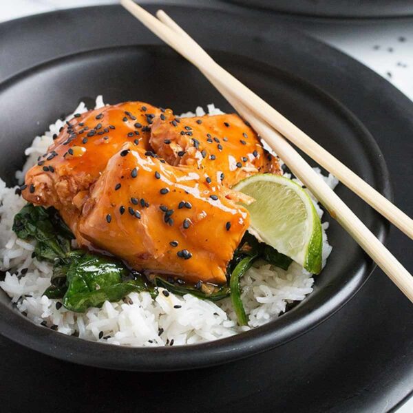 maple soy glazed salmon with rice in bowl