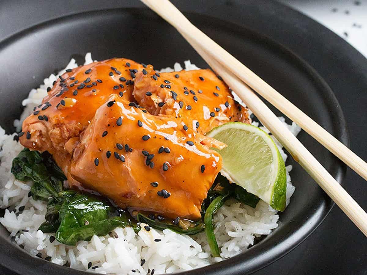 maple soy glazed salmon with rice in bowl