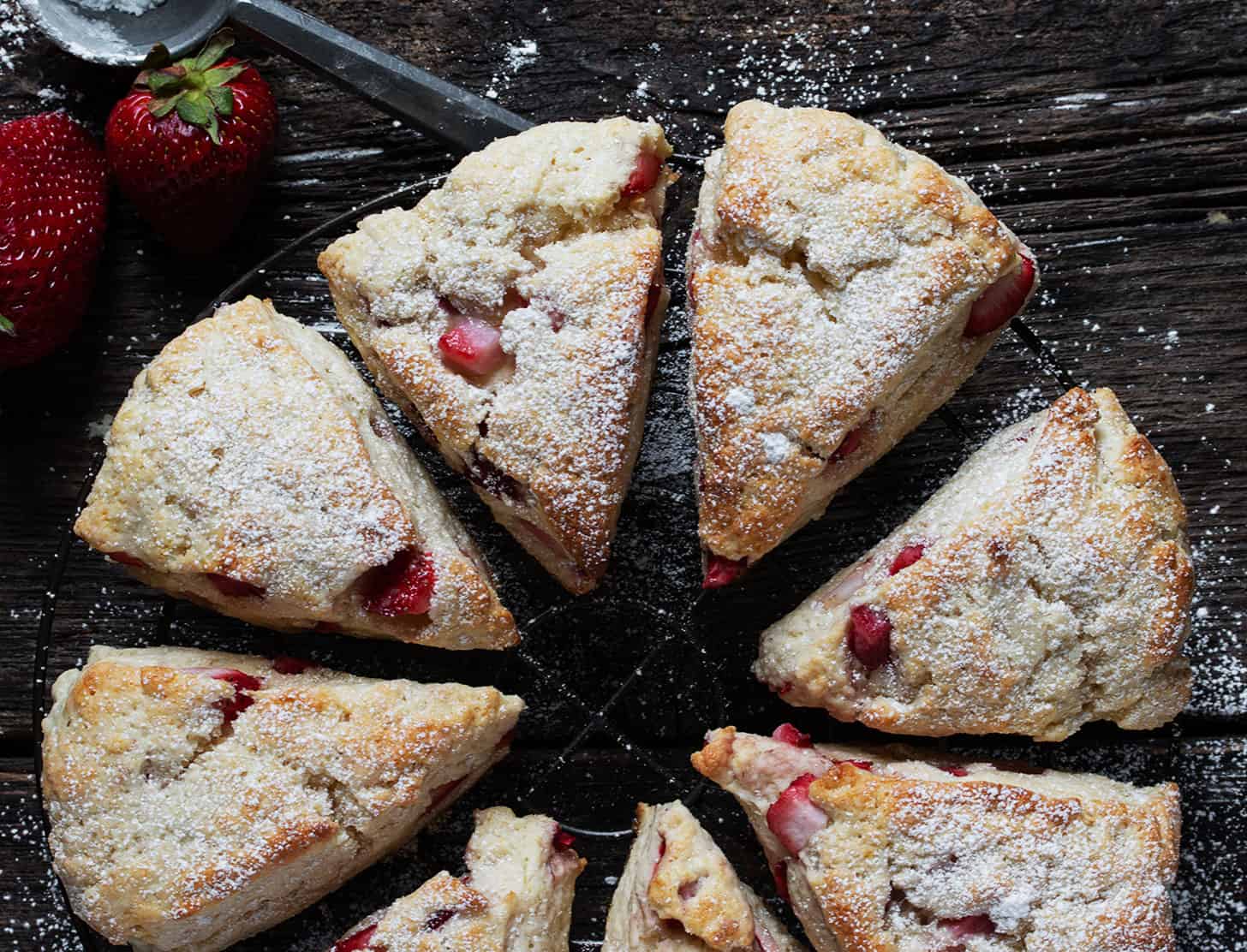 strawberry cream scones on cooling rack