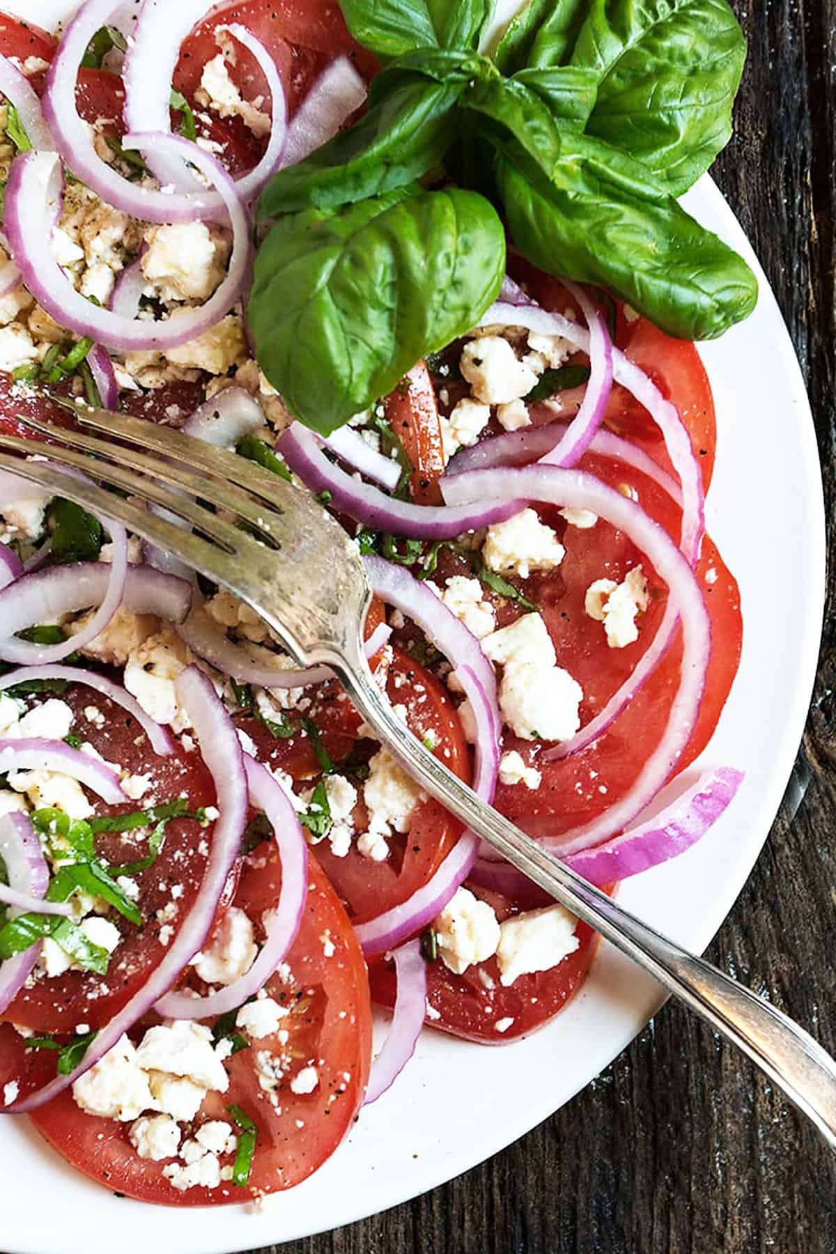 tomato feta salad on white plate