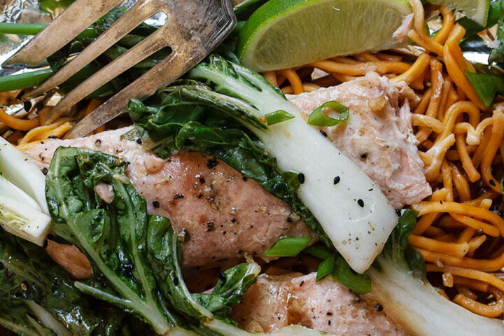 salmon foil packets with bok choy and noodles