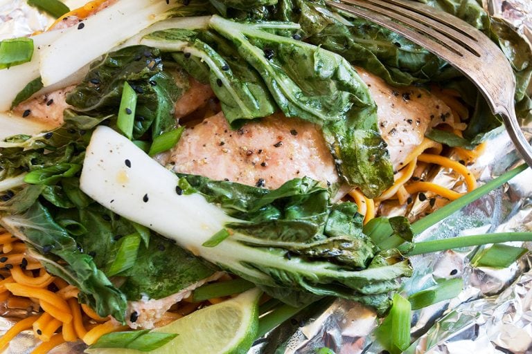 Salmon, Bok Choy and Noodle Foil Packets