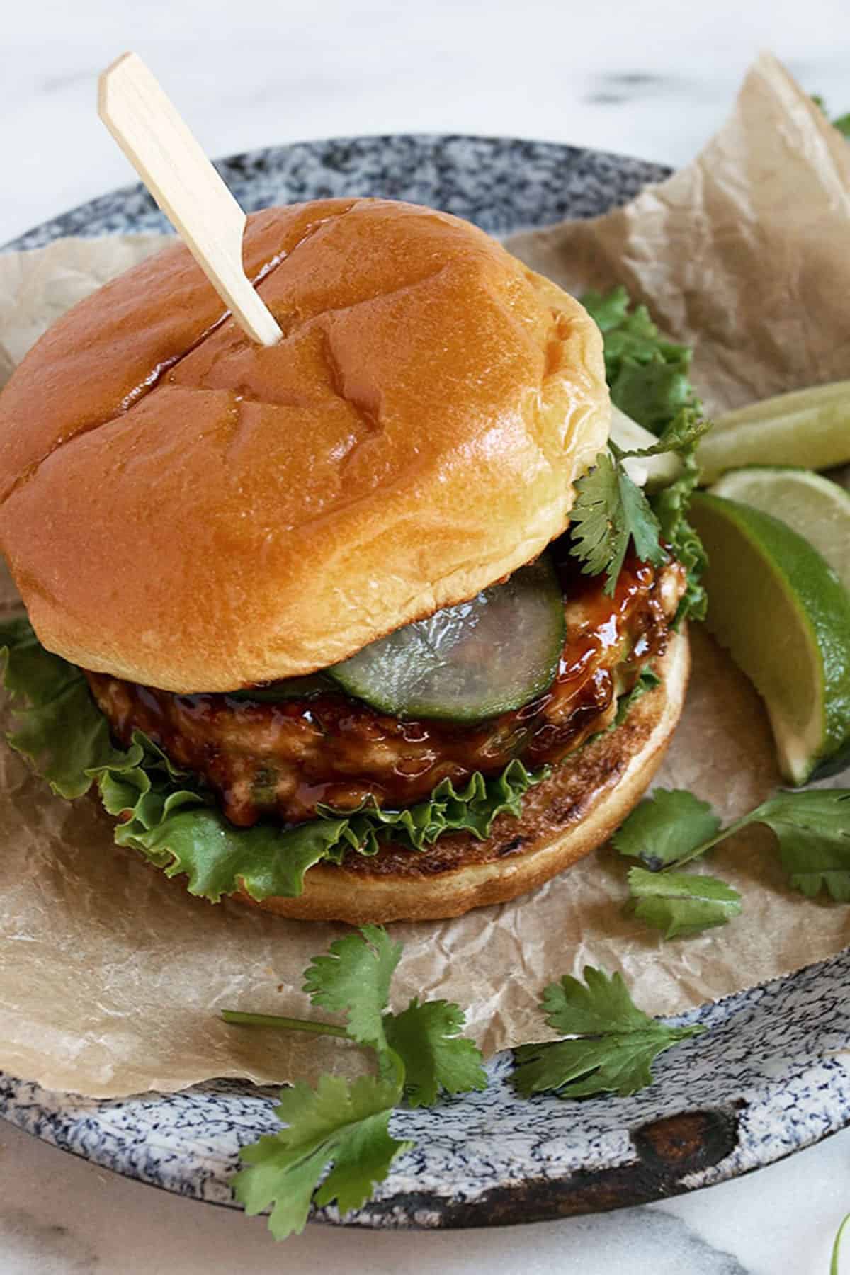 teriyaki salmon burger on plate