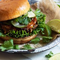 Teriyaki Salmon Burgers with Pickled Cucumbers