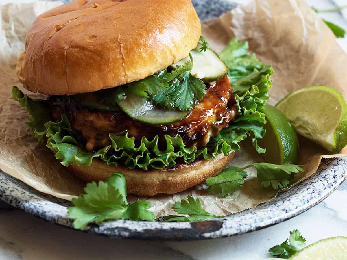 teriyaki salmon burger on plate