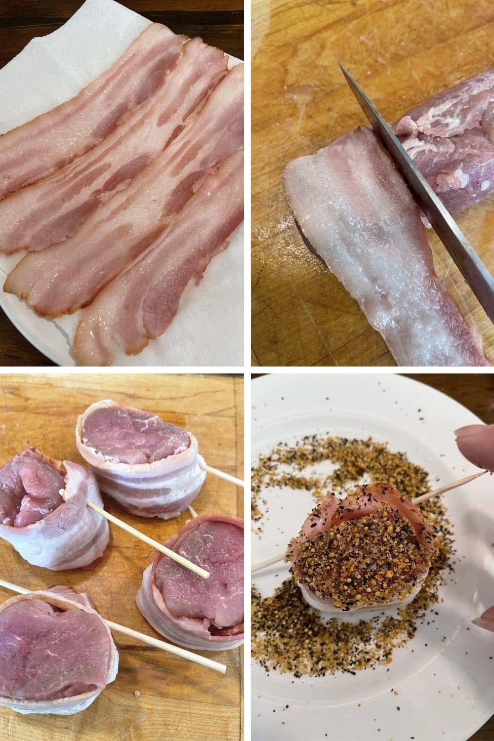 photo collage of steps to make bacon wrapped pork medallions 1