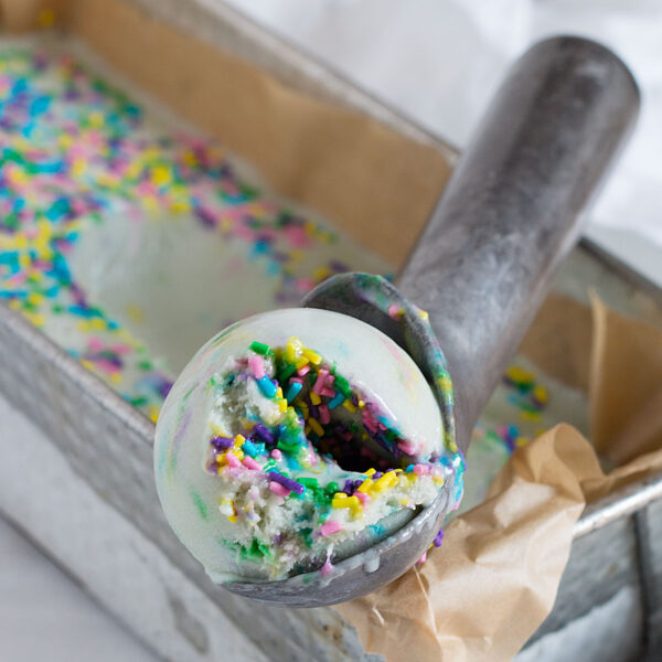 birthday cake gelato on ice cream scoop