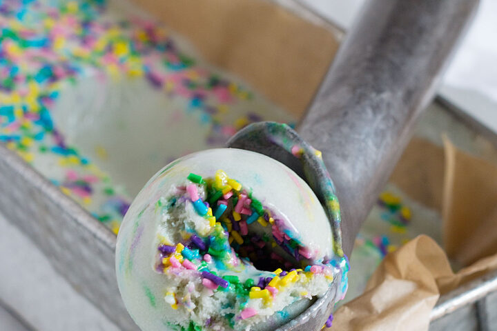 birthday cake gelato on ice cream scoop