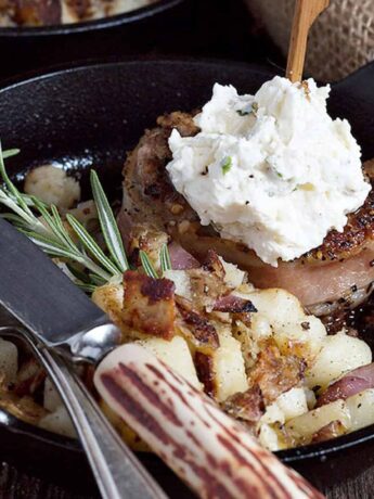 bacon wrapped pork medallions in small skillet