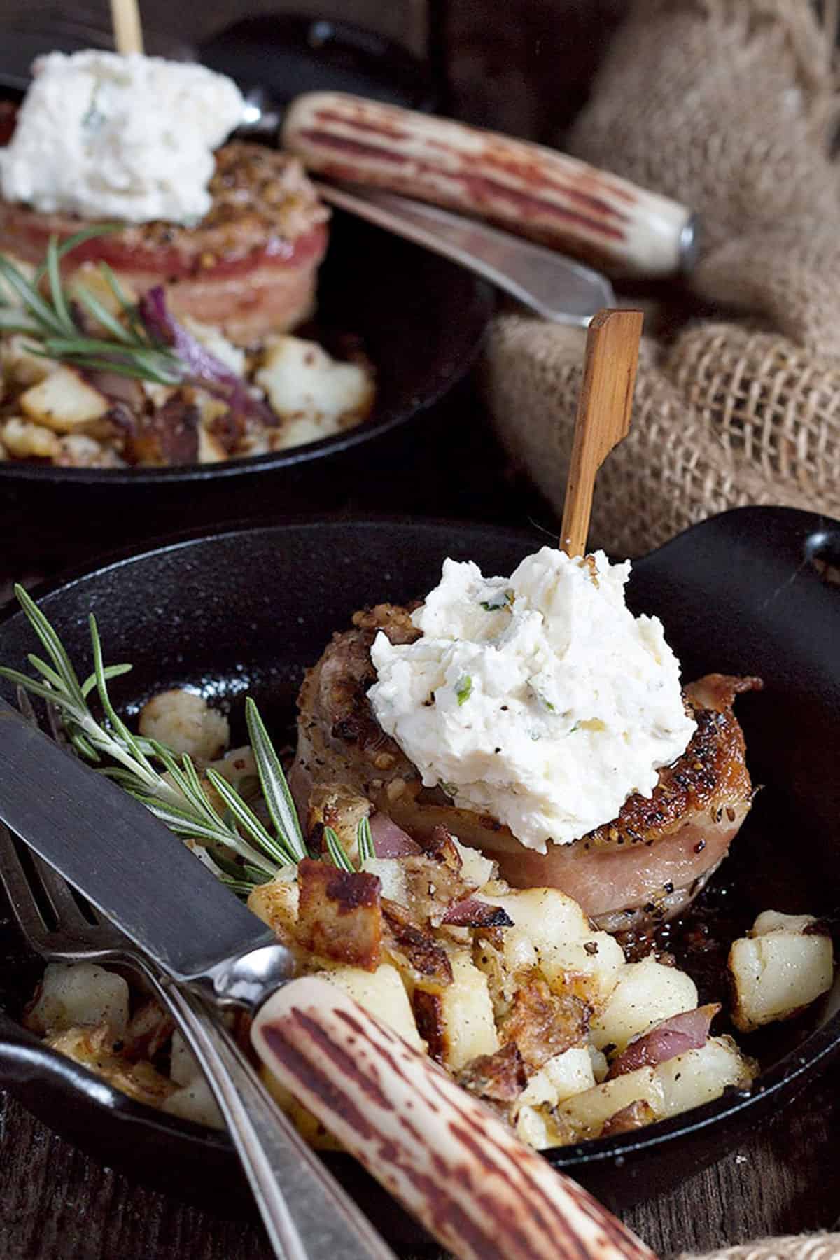 bacon wrapped pork medallions in small skillet