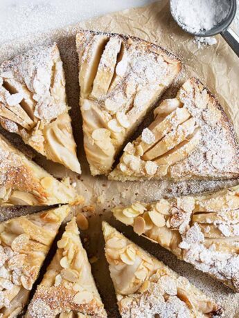 apple almond cake on parchment sliced