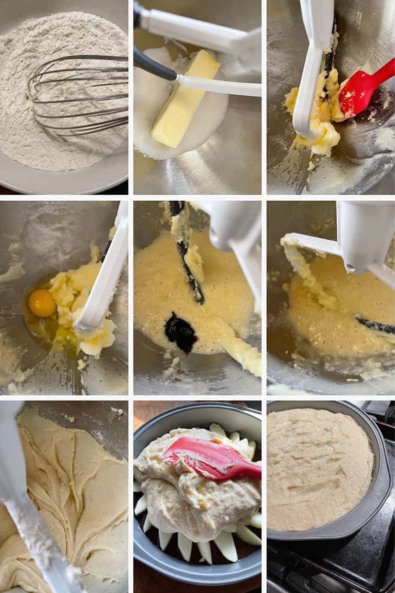 photo collage of steps to make upside-down maple apple cake 1