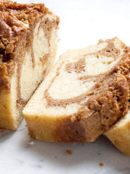 cinnamon swirl pound cake loaf sliced