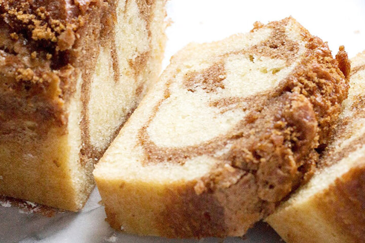 cinnamon swirl pound cake loaf sliced