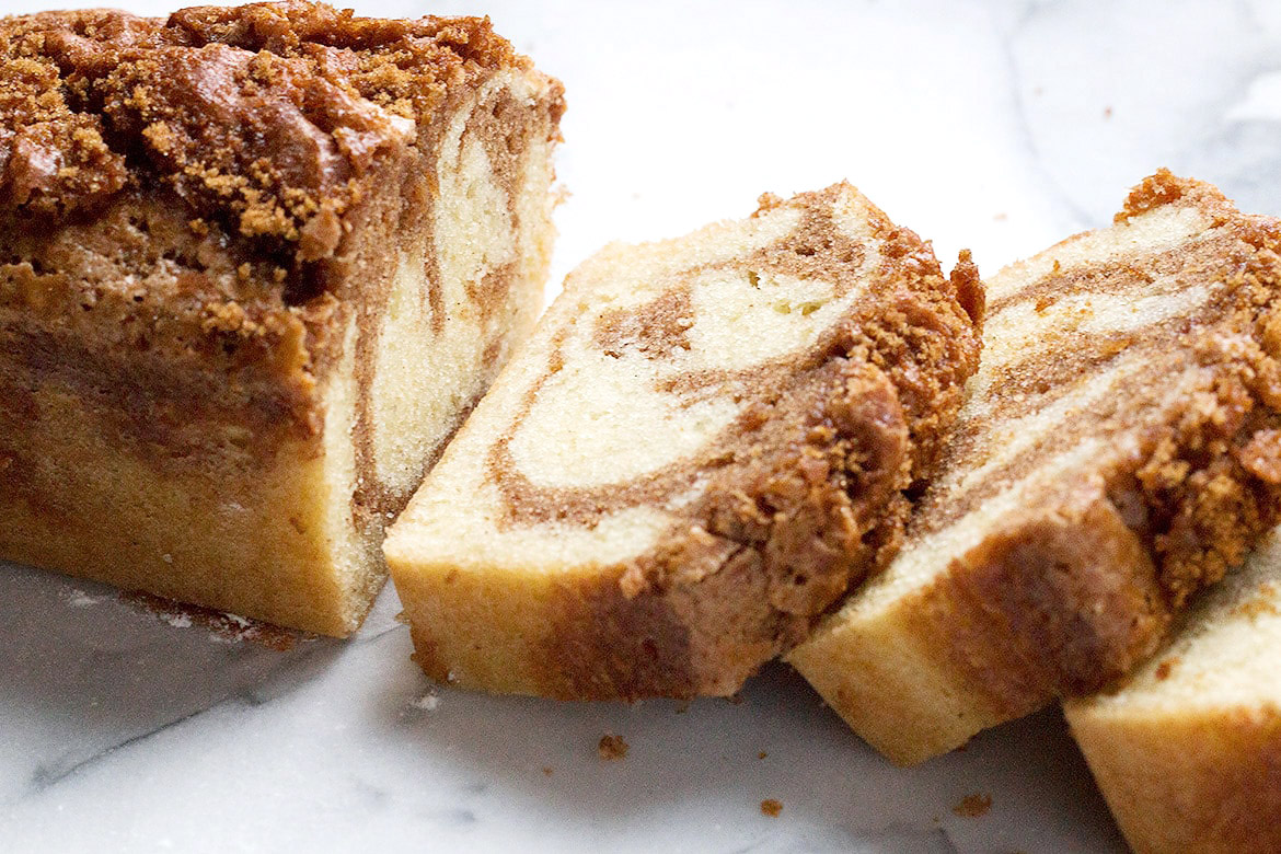 cinnamon swirl loaf sliced on marble