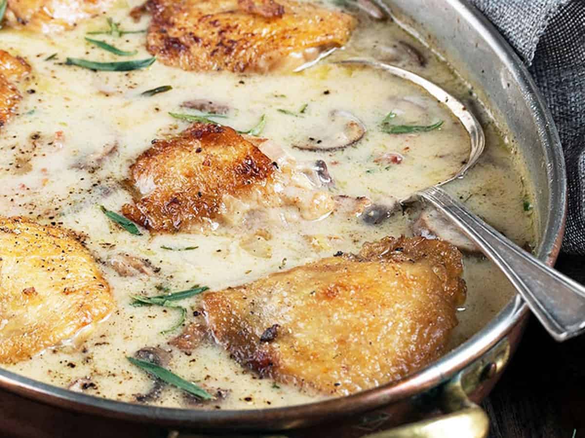 French chicken with creamy sauce in pan with spoon