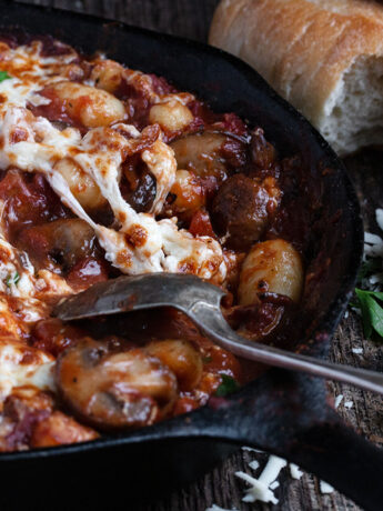 mushroom tomato gnocchi in cast iron skillet