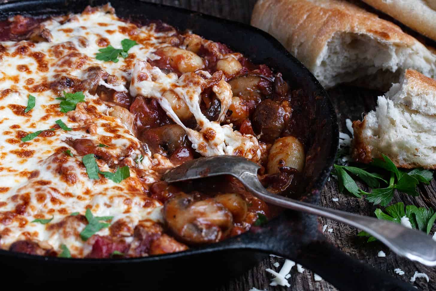 mushroom tomato gnocchi in cast iron skillet