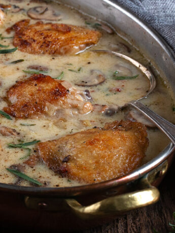 Saucy French chicken in a serving bowl.