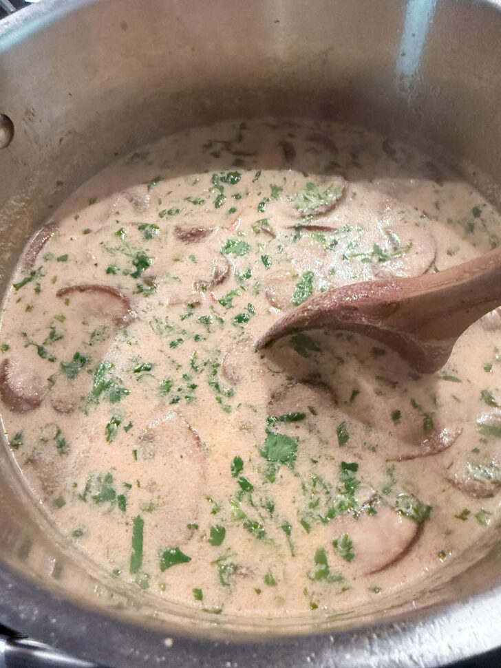 Finished wicked Thai soup in the soup pot.