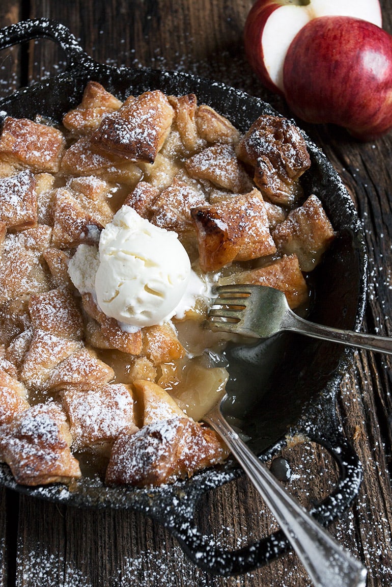 skillet apple pan dowdy topped with ice cream