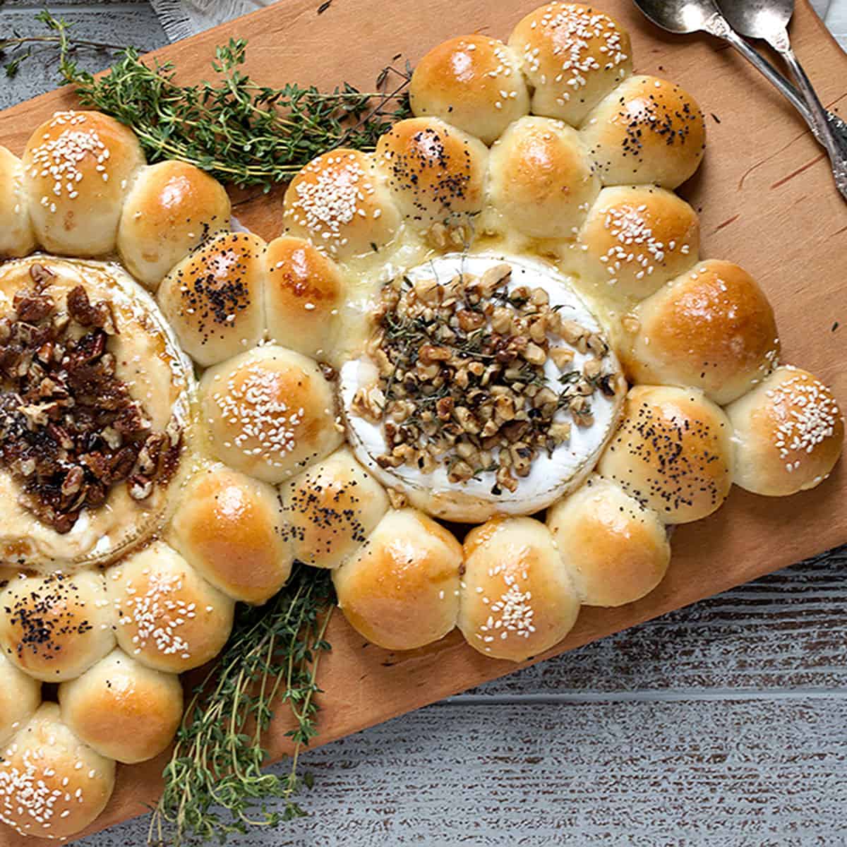Baked Brie and Camembert with Warm Bread Rolls