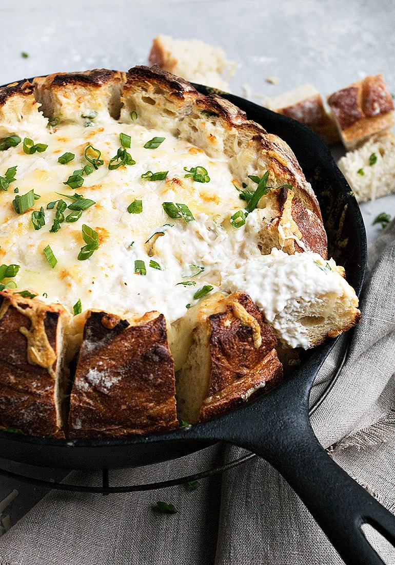 Warm Skillet Crab Dip in a Sourdough Bread Bowl Seasons and Suppers